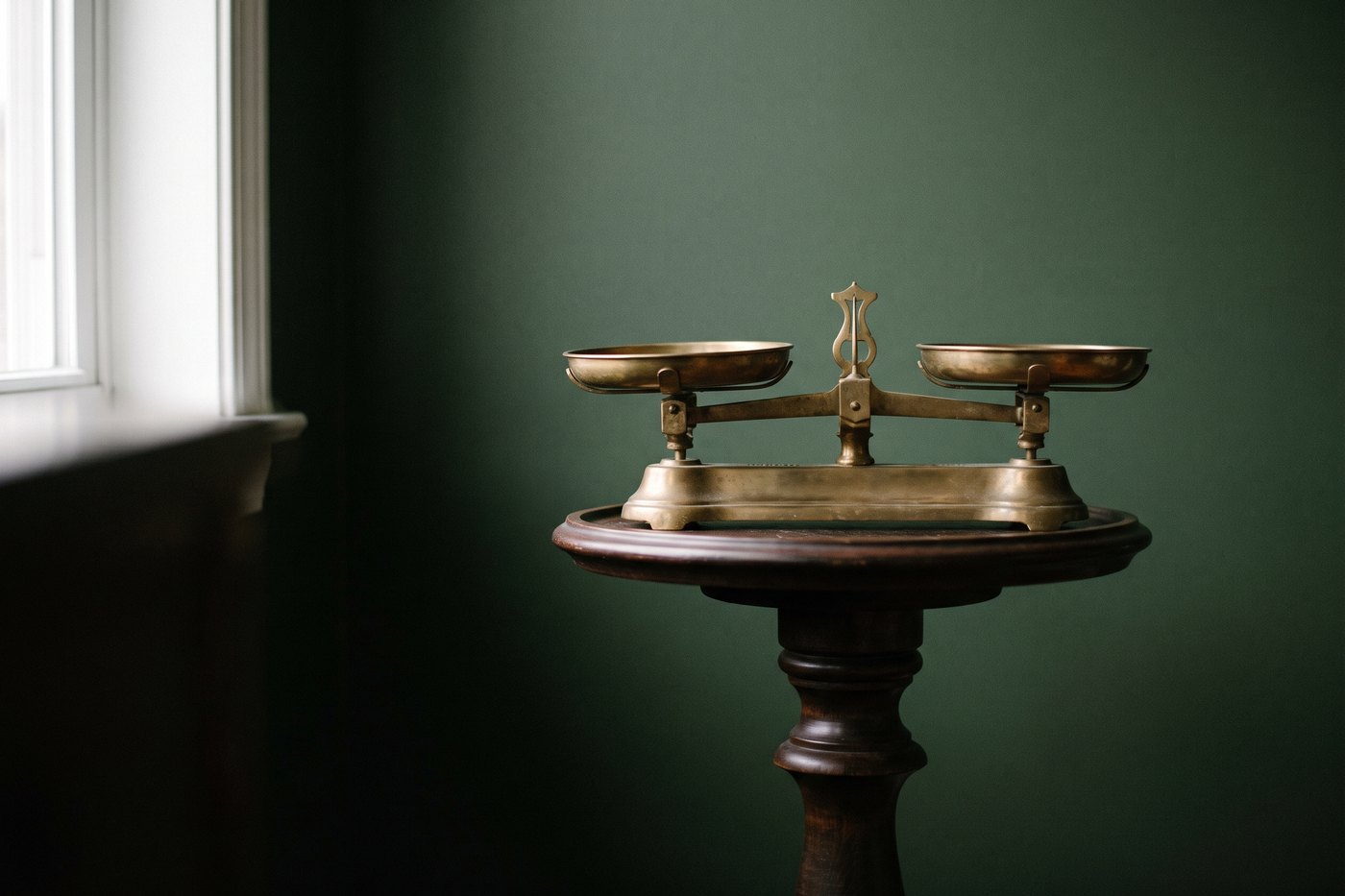 Close detail of an antique brass balance scale with two pans held level