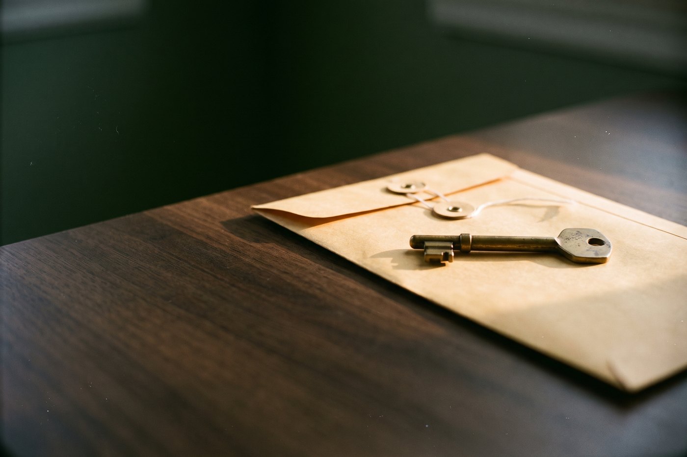 An old brass key resting on a plain sealed manila envelope on a wooden desk