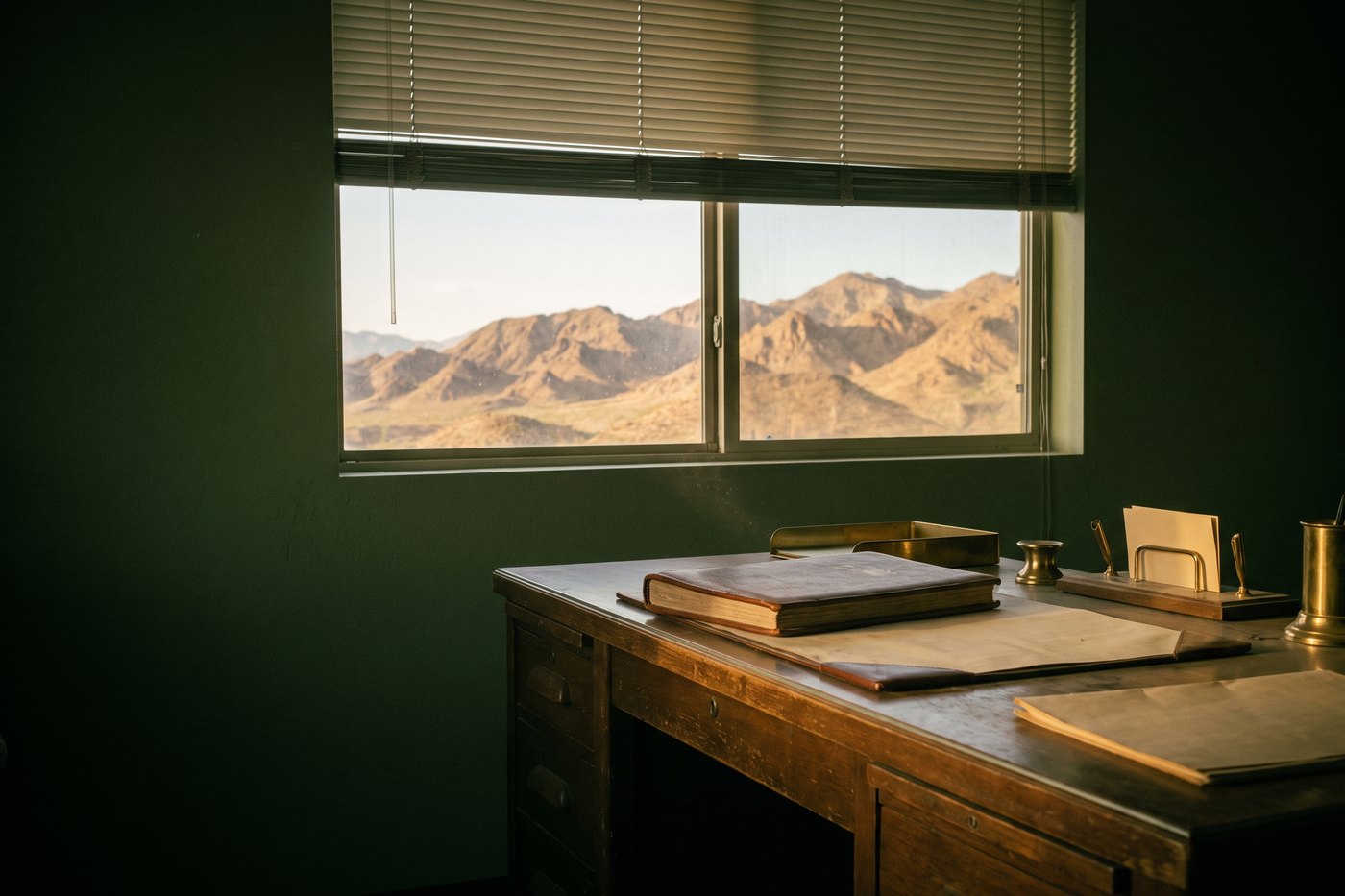 An empty office desk facing a window that looks out on bare desert mountains in late light