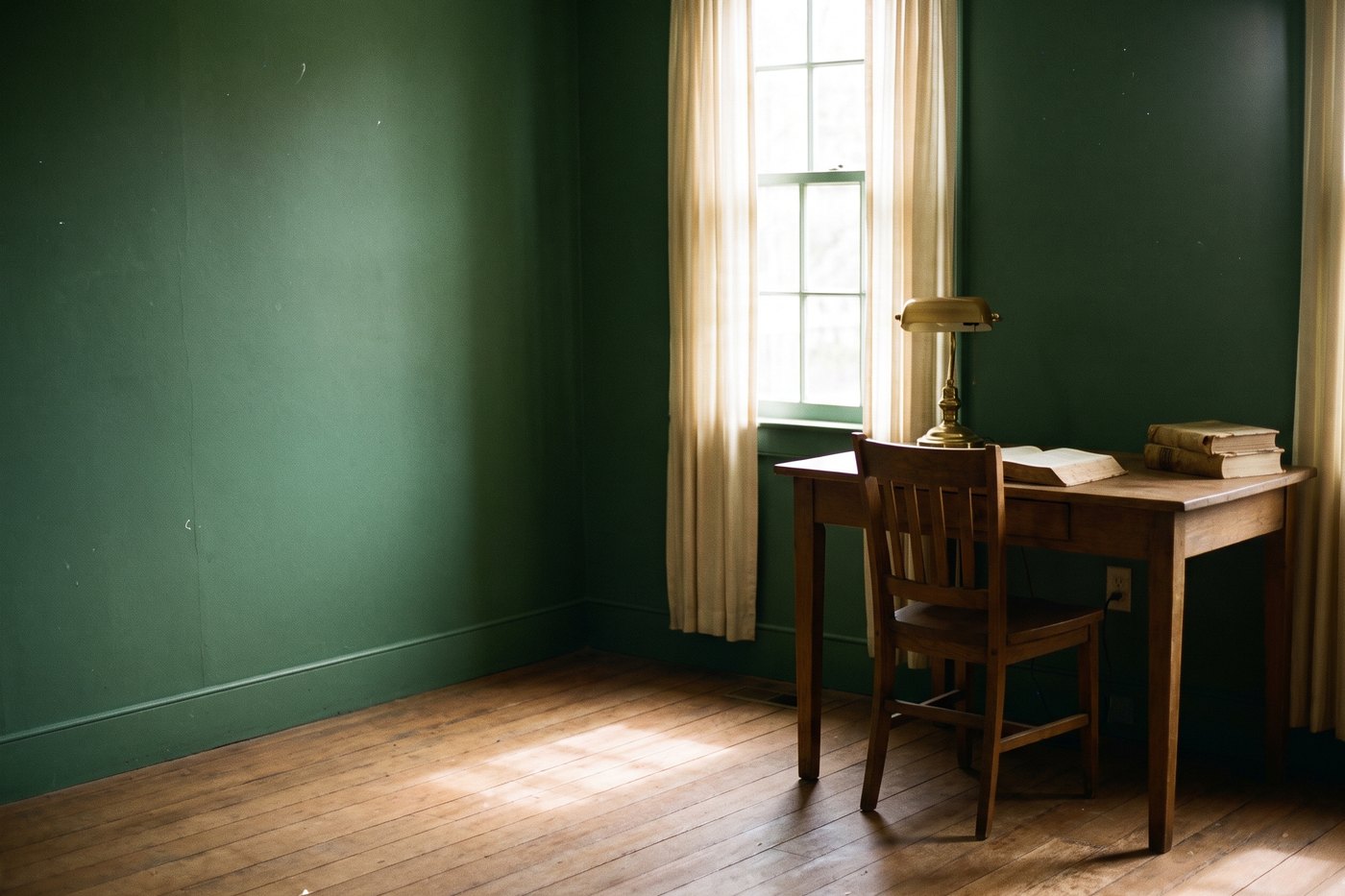 An empty small office in morning light with a wooden desk, a chair pushed in and a window