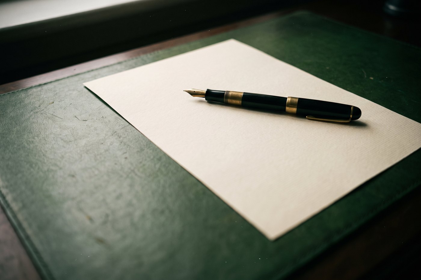 A capped fountain pen lying across a blank sheet of heavy cream paper on a leather desk blotter