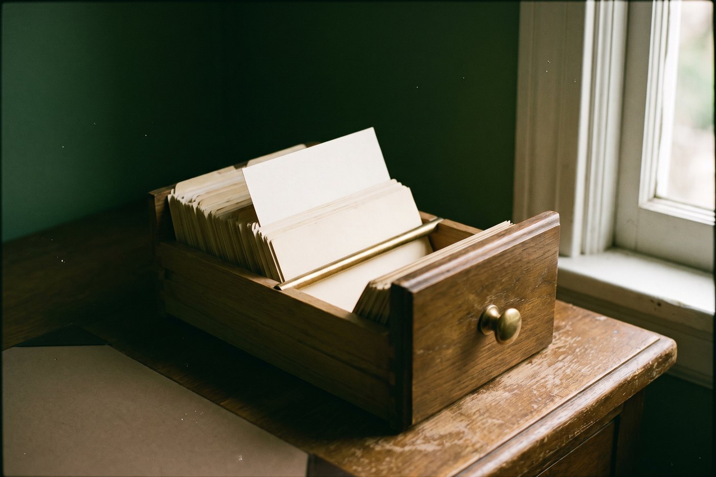 An open wooden index card drawer filled with blank cream cards, one card lifted slightly