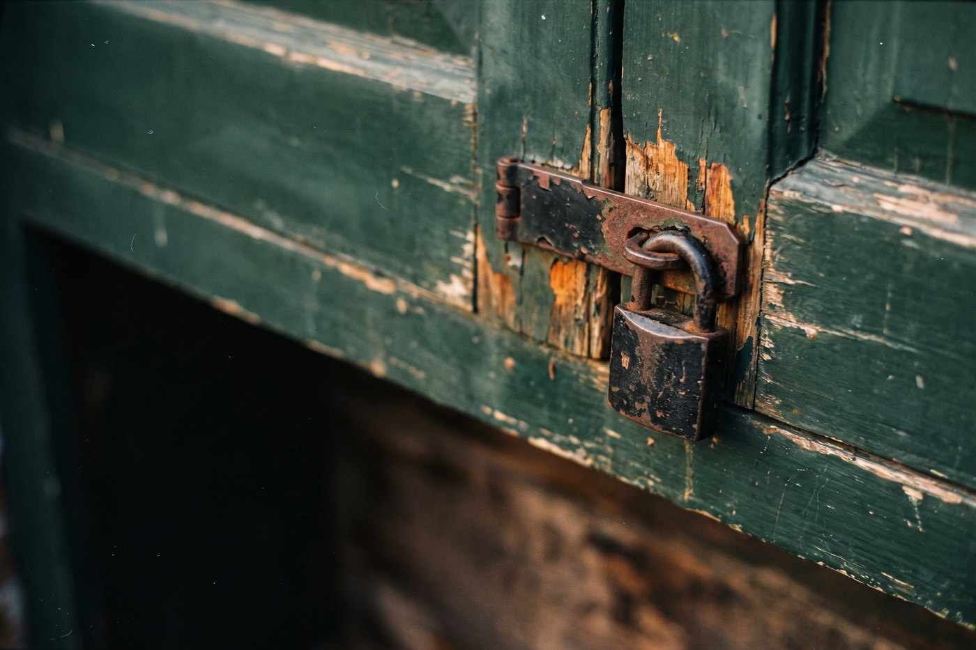An old iron padlock closed through a hasp on a weathered wooden cabinet door