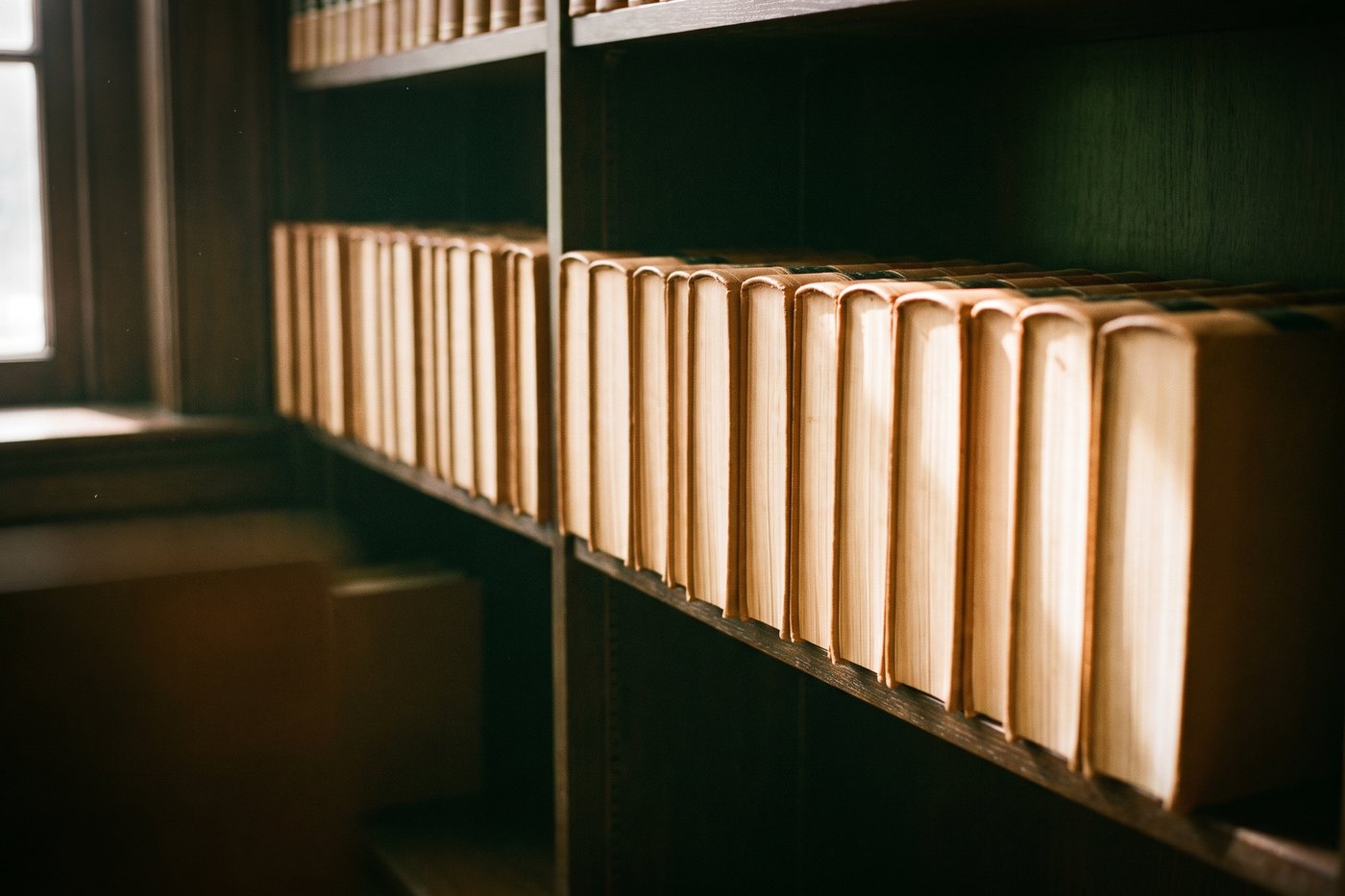 A shelf of old leather-bound law reports shelved spine-in, so only their worn page edges face outward