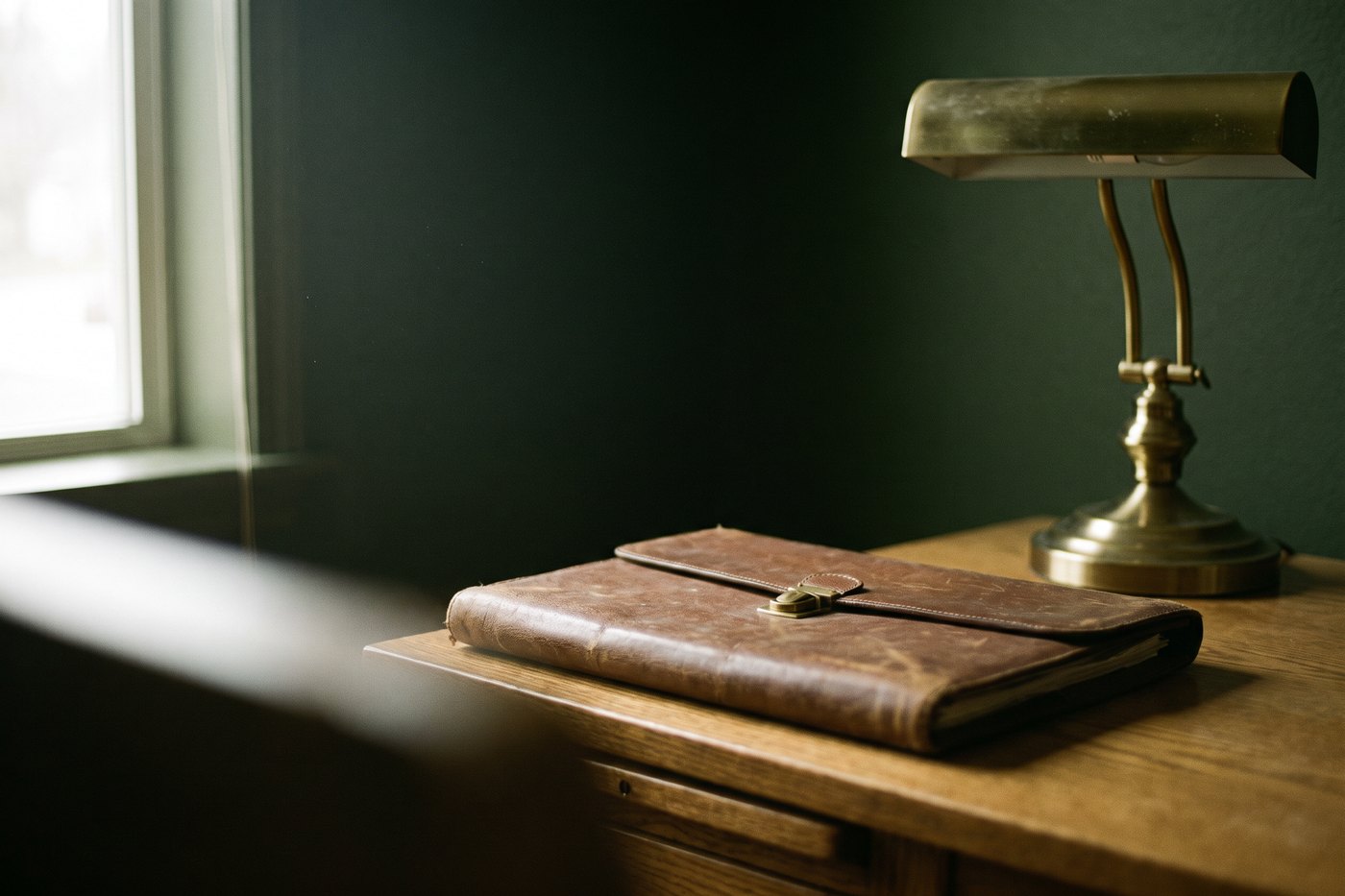 A closed brown leather document portfolio with a brass clasp lying on a clean oak desk