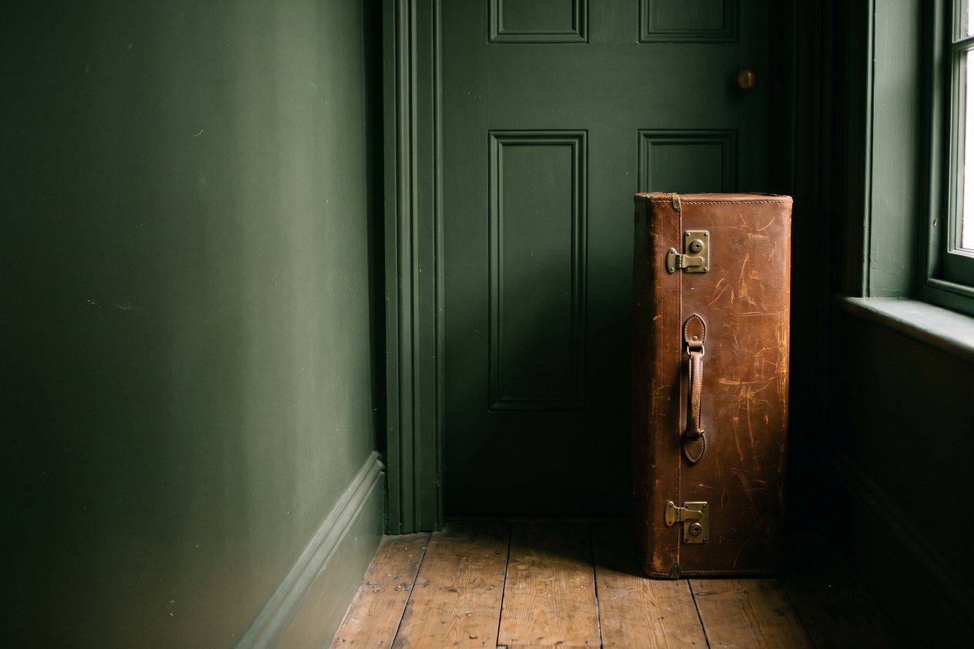 An old brown leather suitcase with brass latches standing on a wooden floor beside a closed panelled door