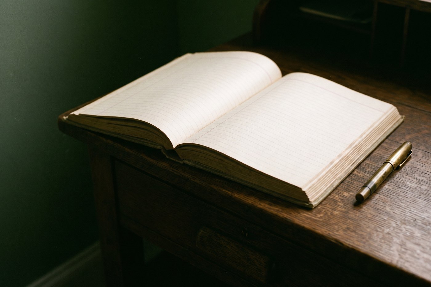 An old bound ledger lying open on a dark oak desk, its ruled pages empty, lit by window light from the left