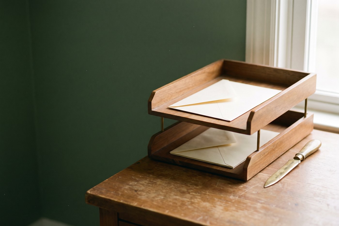 A wooden desk letter tray holding a few plain envelopes in soft morning light