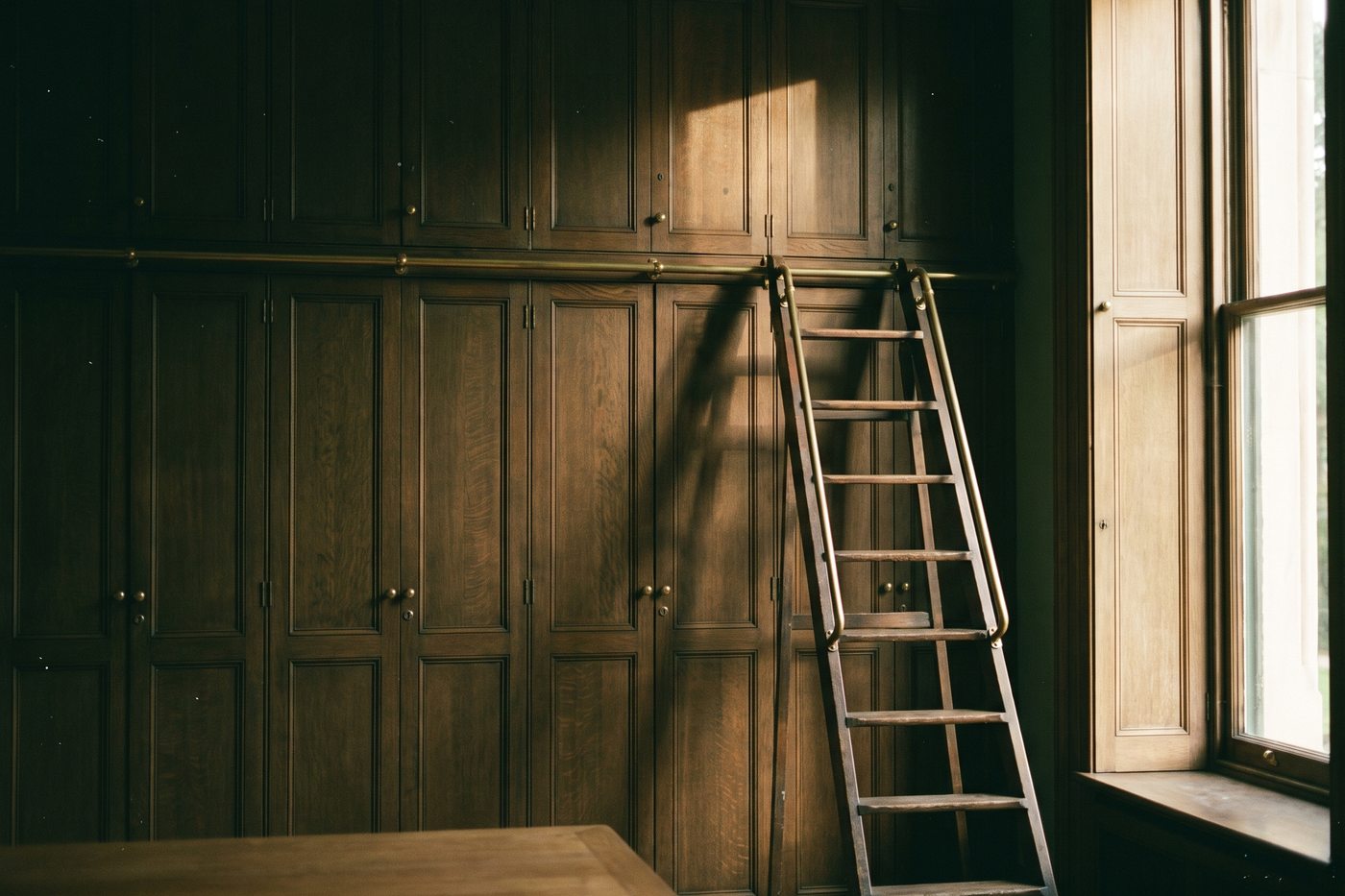 A rolling wooden library ladder on a brass rail leaning against a wall of tall closed oak cabinet doors, in warm light