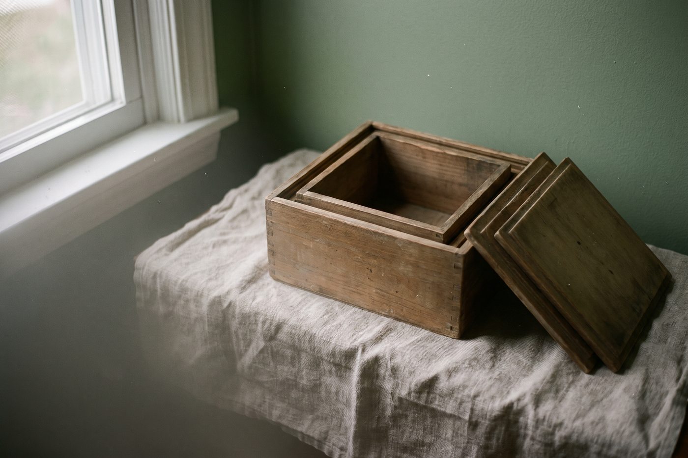 Two plain wooden boxes nested one inside the other on a linen cloth by a window, lids set aside, the inner box empty