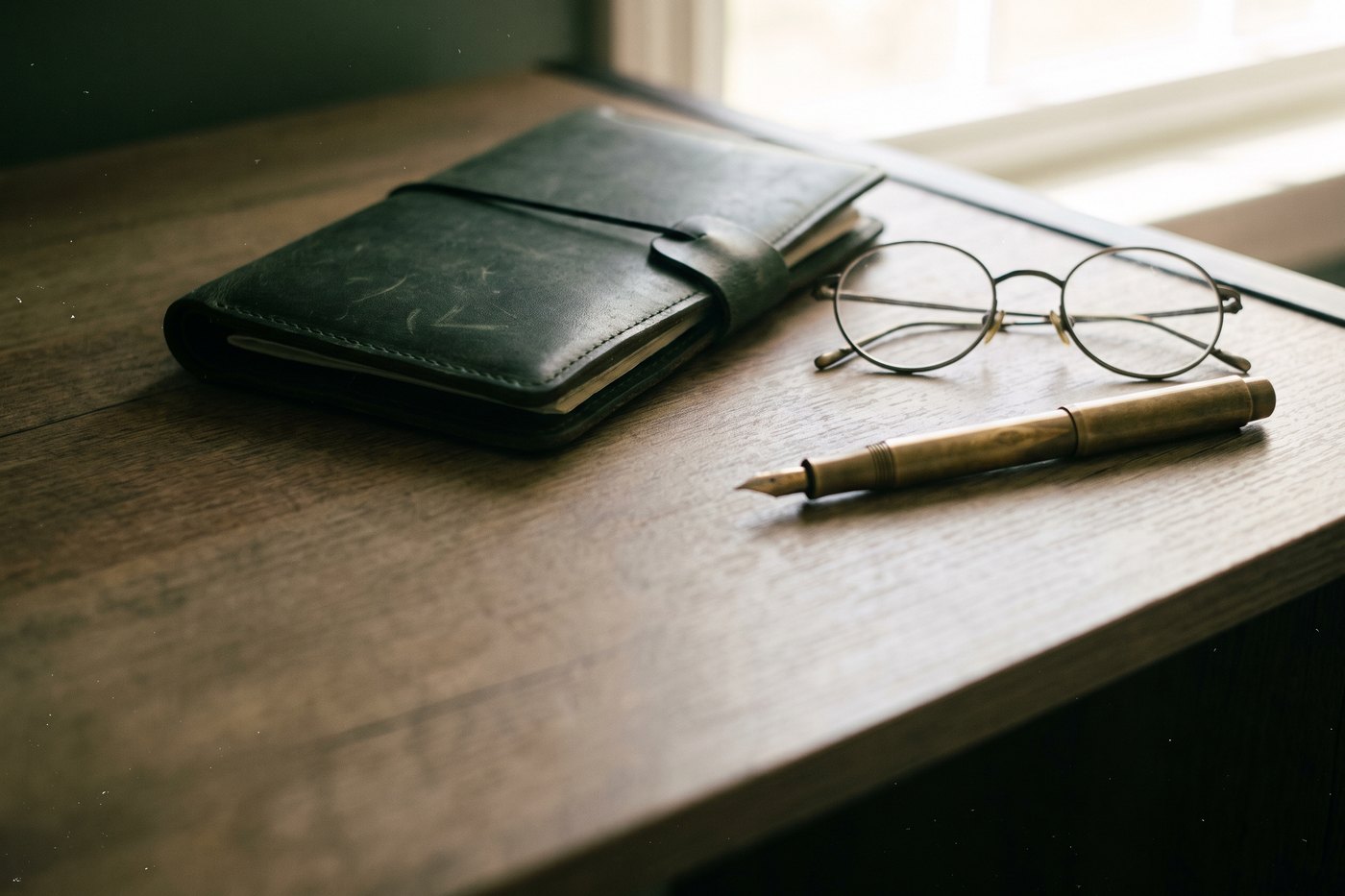 A closed plain dark leather travel document wallet on a bare desk beside a pair of wire reading glasses