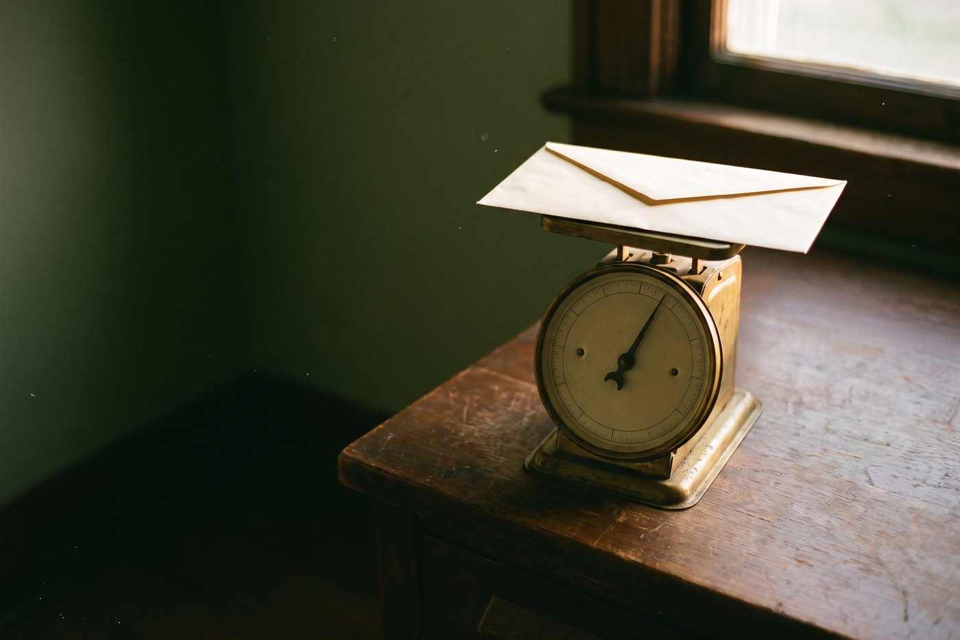 A small antique brass postal scale on a desk with a plain unaddressed envelope resting on its pan