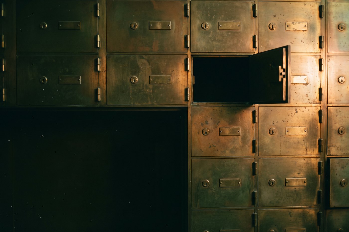 A wall of brass safe deposit box doors in a vault, one door open, the numbers worn away