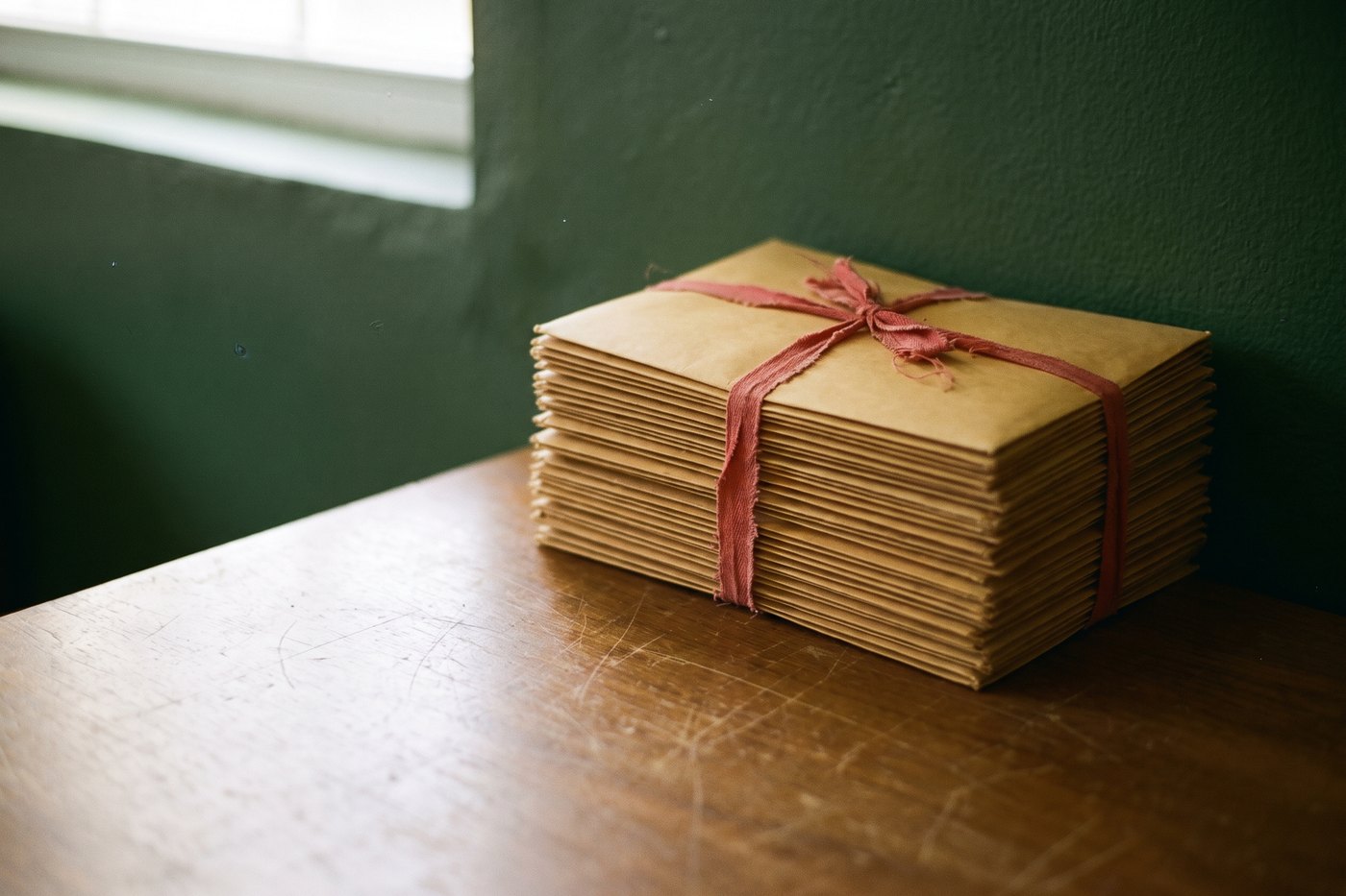 A neat stack of plain sealed manila envelopes tied with red cotton tape on a wooden table