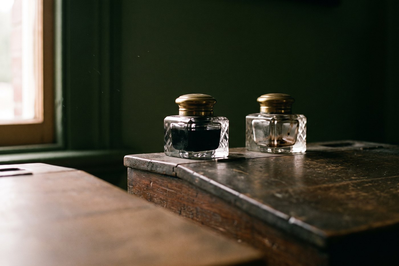 Two glass inkwells side by side on a wooden writing slope, one full and one nearly empty