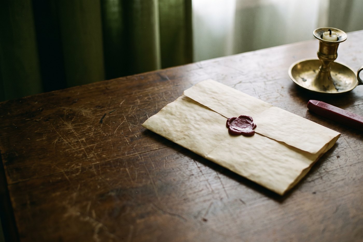 A folded sheet of parchment closed with a round dark red wax seal pressed with a simple floral mark, beside a stick of wax and a brass candlestick