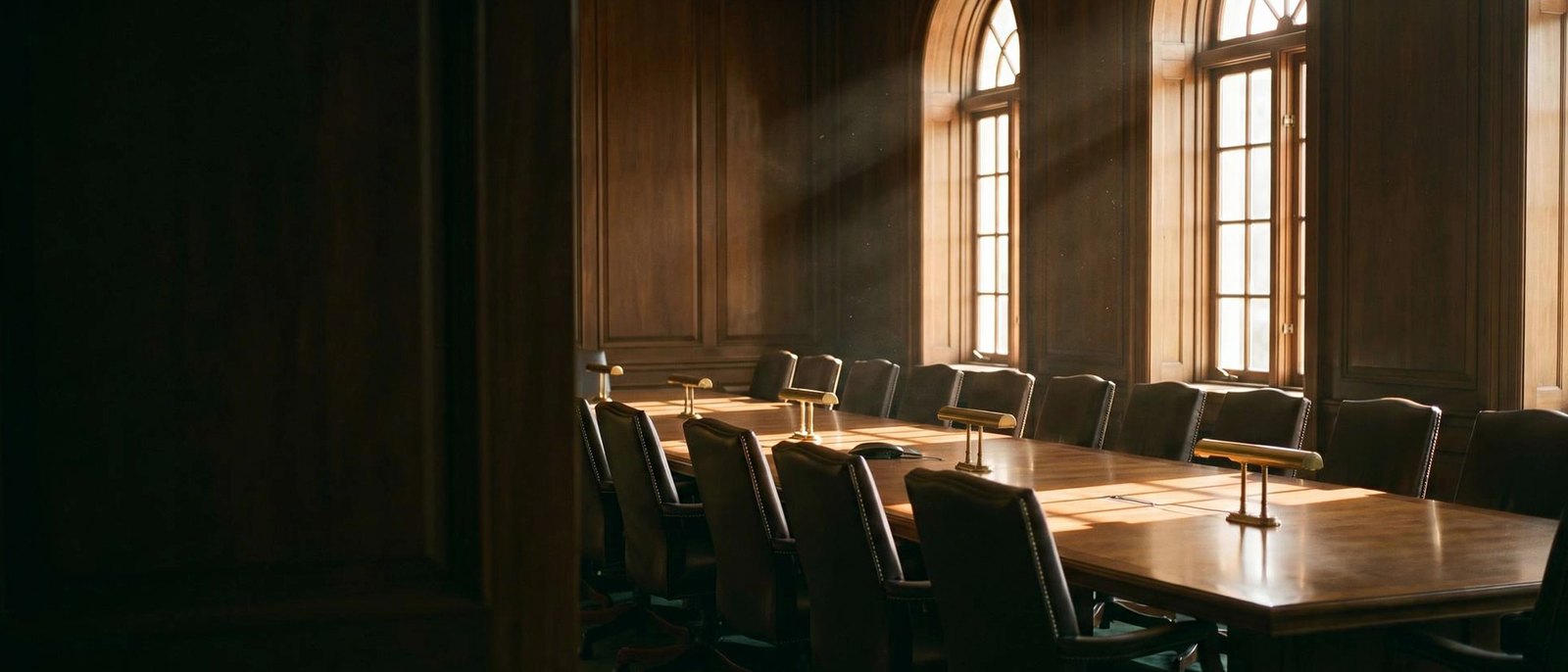 An empty boardroom with a long table in slow afternoon light