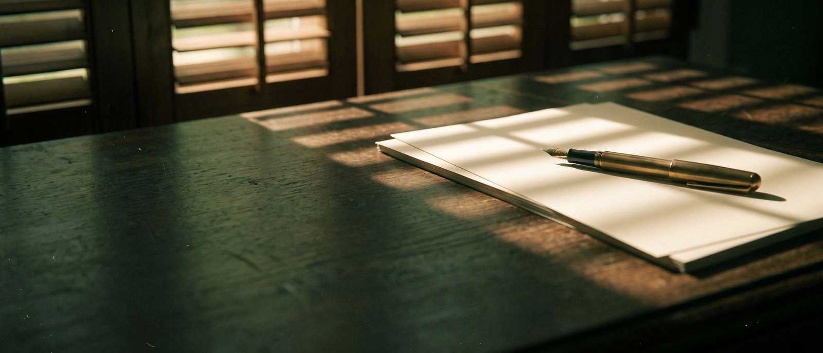 A writing desk with a fountain pen and paper in light through blinds