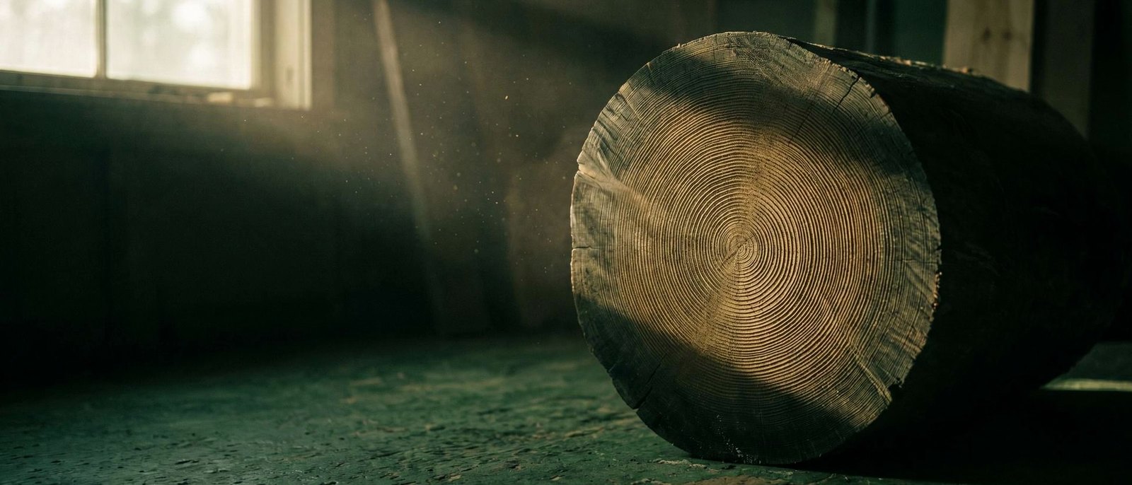 Cross-section of old-growth timber showing decades of growth rings in raking light