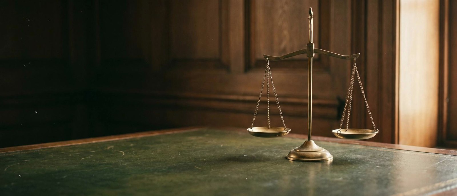 A brass balance scale at rest on a desk