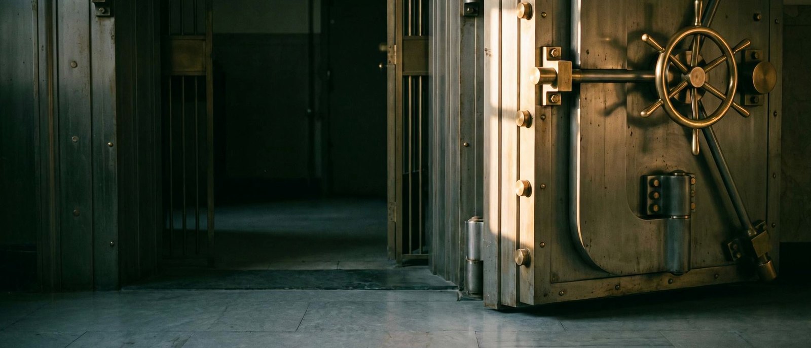 A bank vault door standing ajar with brass fittings